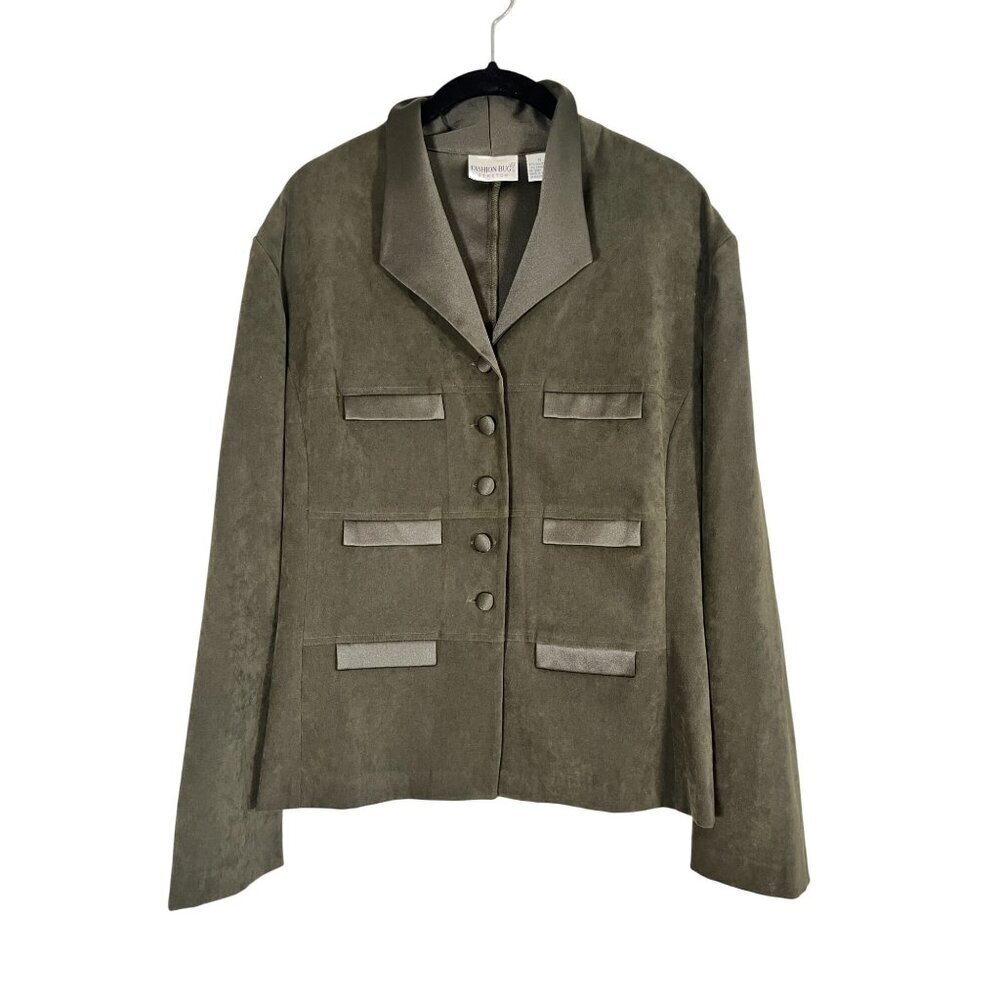 Fashion Bug Suede Jacket 14 Green Military Neutral Retro Classic Chic Preppy 80s